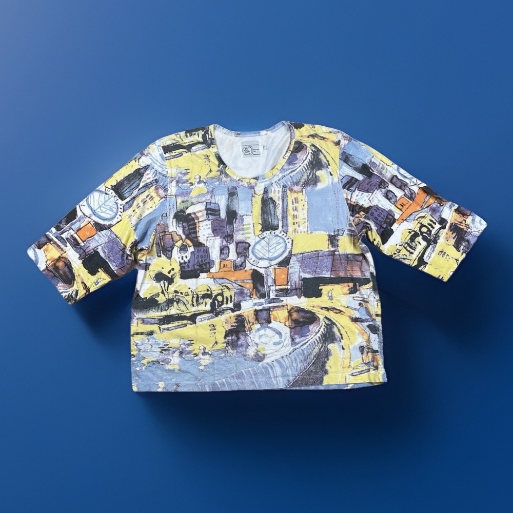 Michael Leu Top Women's Size XL Art To Wear 3/4 Sleeve Shirt Tee City Life‎